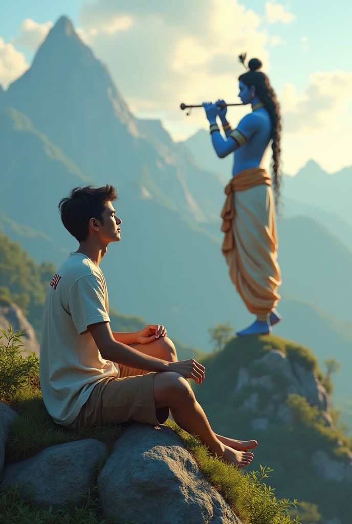 create a 3d image of 23 year old Indian Boy who is sitting next to krishna ji and Krishna ji playing the flute, they both sit together on the mountain, Boy wearing T-shirt Name "NAVEEN" written on it, make sure text shout be misspelled, heaven like beautiful view background, peacock dancing,realistic image and Boy is in barefoot.