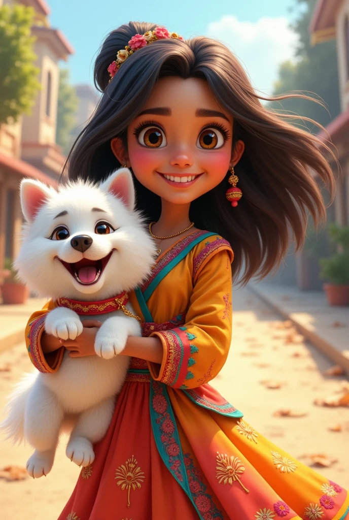 A cute  (Zainab/Neha) with bright, shiny hair, wearing a colorful traditional dress. She is holding a fluffy white dog (Toffee) in her arms or walking beside her. They both have happy expressions, ready for their daily adventure.