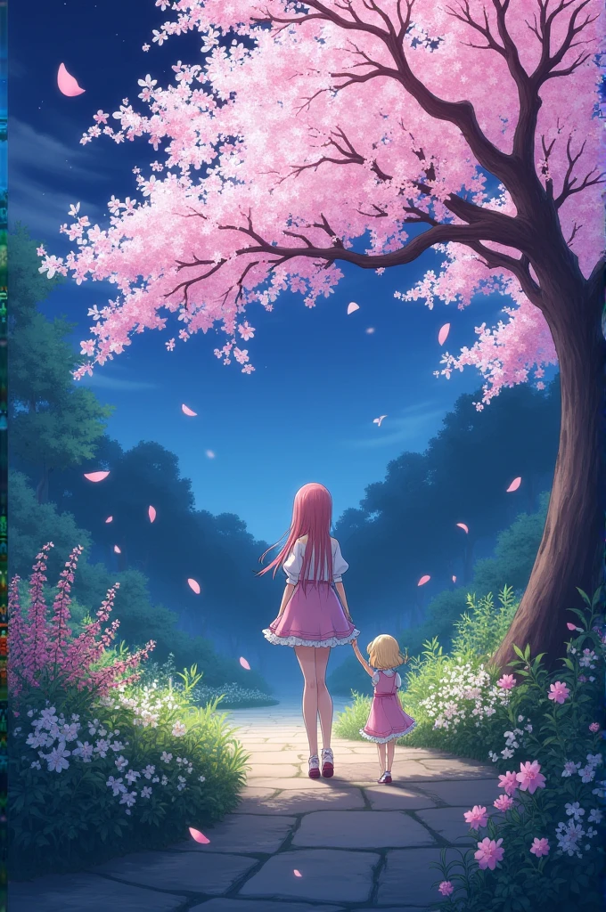 Isang tahimik na hardin sa gabi, puno ng mga bulaklak at pinaliliwanagan ng liwanag ng buwan. Si Astra ay nakatayo malapit sa isang puno ng cherry blossom, habang si Luna ay dahan-dahang lumalapit. May hangin na bahagyang nagpapagalaw sa mga bulaklak.