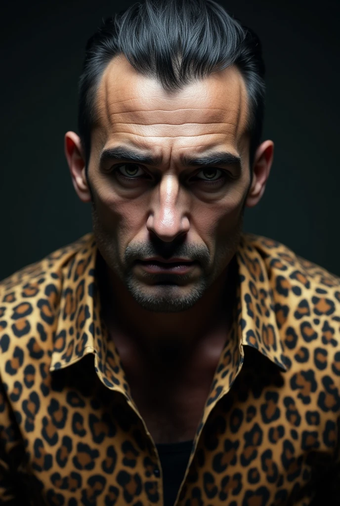 (photorealism:1.2), create a image man waring a leopard shout give face like a Lucifer 