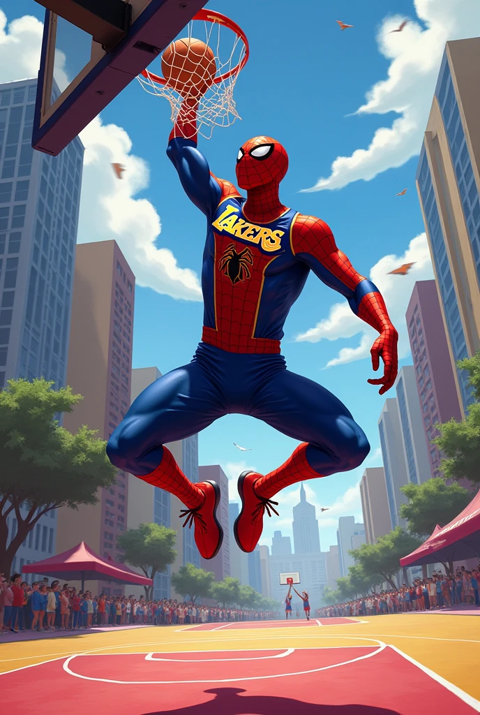 Create Spiderman playing basketball with a Lakers jersey