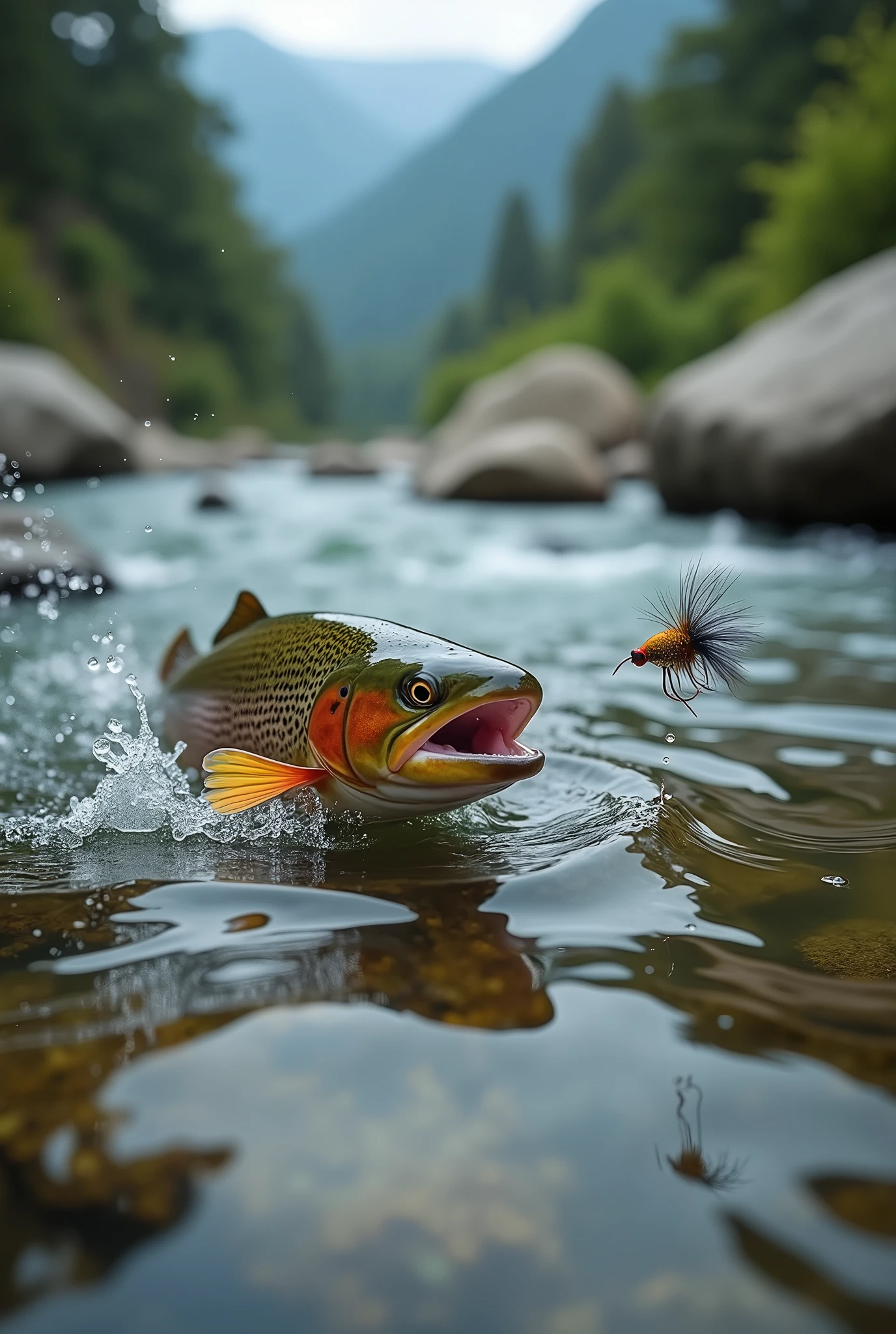 Professional photos, A fly floating on the water, Yamame trout bites, dynamic motion, Clear Japanese mountain streams,