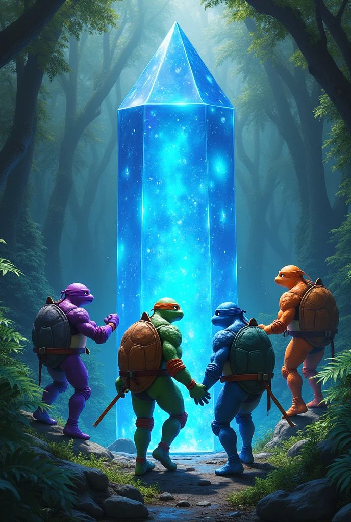 4 Purple Ninja Turtle,rot,orange and one blue,coming out of a forest with a big blue crystal