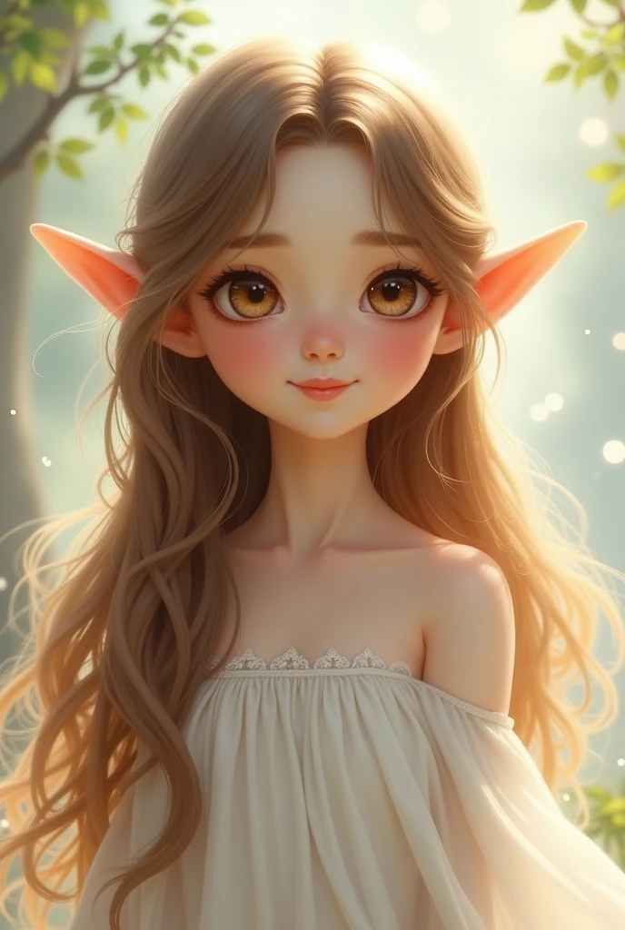 Sweet elf with brown long smooth hair. White dress. smooth hair 