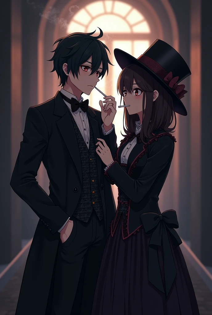Kazuma with Megumin from the anime Konosuba, smoking, with black Victorian style clothing.