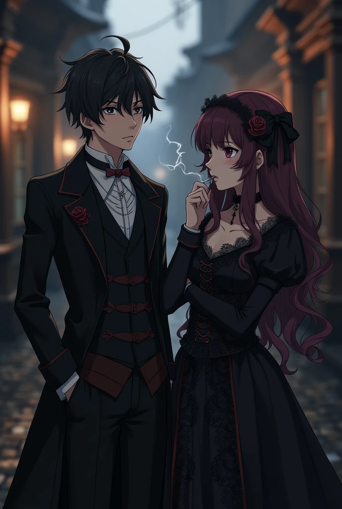 Kazuma with Megumin from the anime Konosuba, smoking, with black Victorian style clothing.
