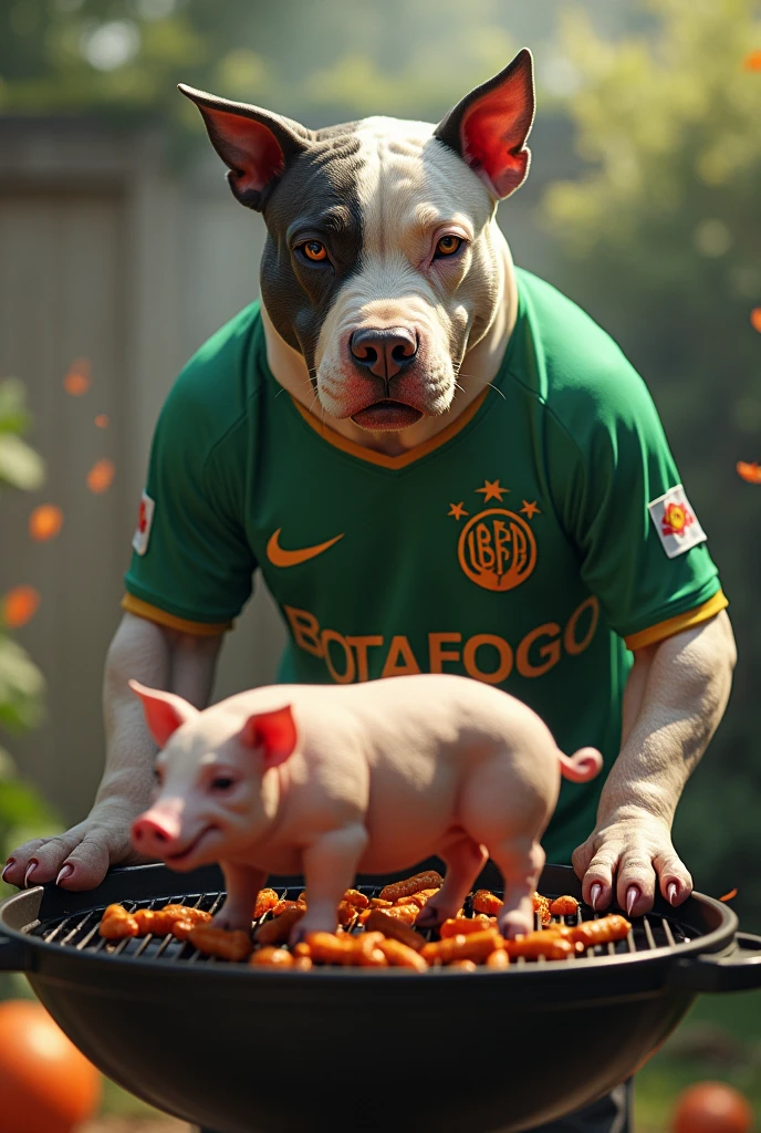 Pitbull dog wearing a Botafogo team shirt putting a pig wearing a Palmeiras shirt on the grill to roast 