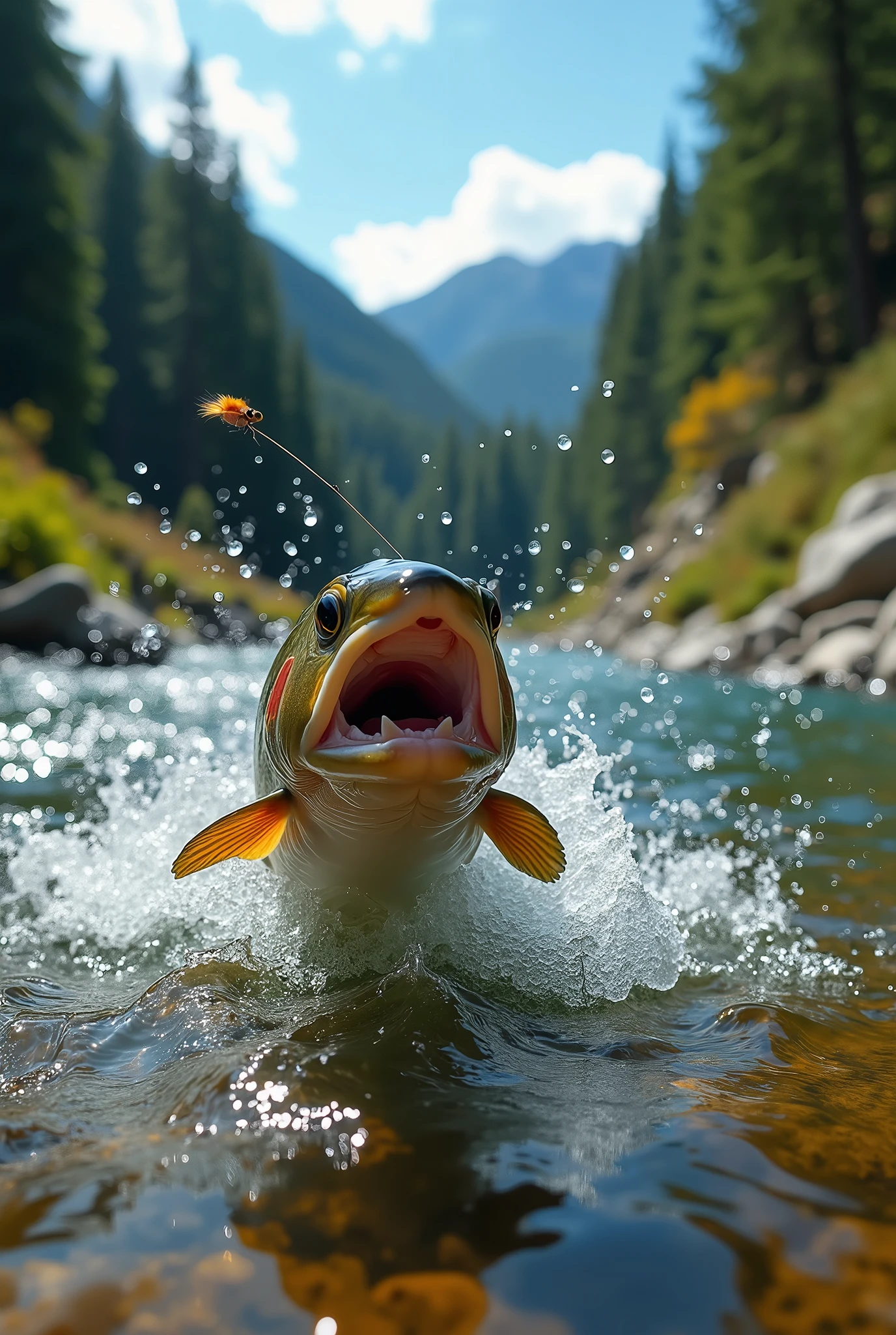 Professional photos, The fly landed on the water, Yamame trout biting from underwater, dynamic motion, Clear Japanese mountain streams,