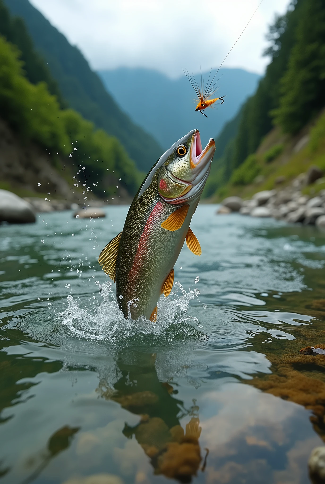 Professional photos, The fly landed on the water, Yamame trout biting from underwater, dynamic motion, Clear Japanese mountain streams, (Fly Fishing),