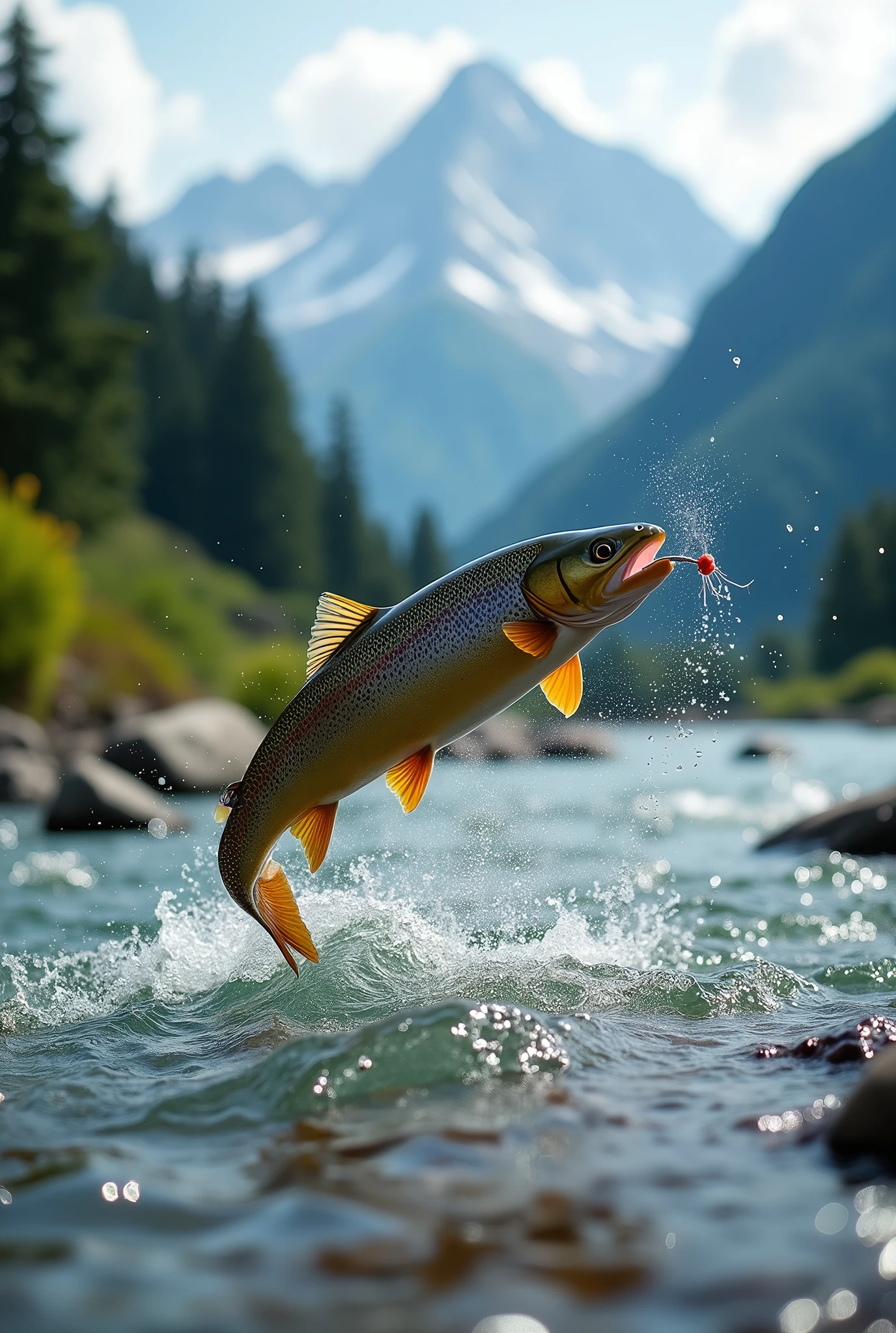 Professional photos, The fly landed on the water, Yamame trout biting from underwater, dynamic motion, Clear Japanese mountain streams, Fly fishing scene