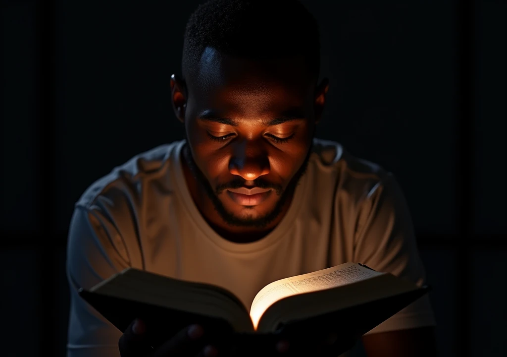 Create a picture that shows a black man with an open Bible pouring light on the text, symbolizing the search for truth. A Man is Reflecting on the Side of the Bible, Demonstrating Introspection about the Faith. best quality, master part, High, 1 dragon,blush, Tyndall effect,Photorealistic, dark studio, rim lighting, two-tone lighting,(highly detailed skin:1.2), 8k hd, DSLR, soft lighting, high quality, volumetric lighting, candid, photography, High resolution, 4K, Bokeh