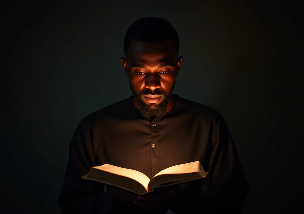 Create a picture that shows a black man with an open Bible pouring light on the text, symbolizing the search for truth. A Man is Reflecting on the Side of the Bible, Demonstrating Introspection about the Faith. best quality, master part, High, 1 dragon,blush, Tyndall effect,Photorealistic, dark studio, rim lighting, two-tone lighting,(highly detailed skin:1.2), 8k hd, DSLR, soft lighting, high quality, volumetric lighting, candid, photography, High resolution, 4K, Bokeh
