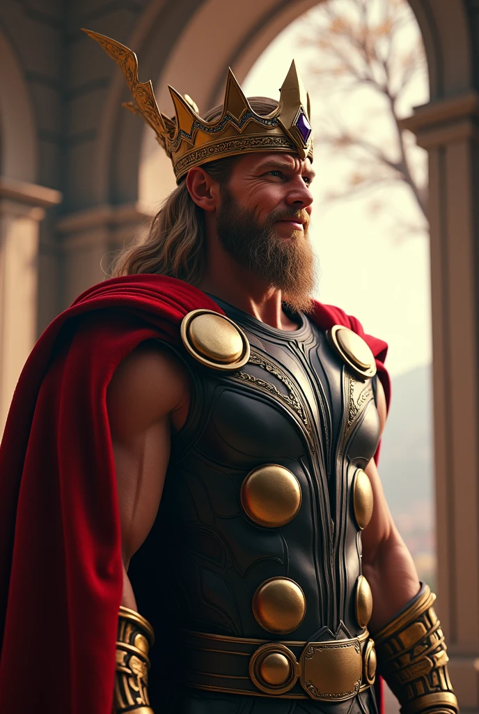 Thor 1 handsome and with a splendid smile. looking through the window at his kingdom and with a crown of gold and gems. hyperrealistic 