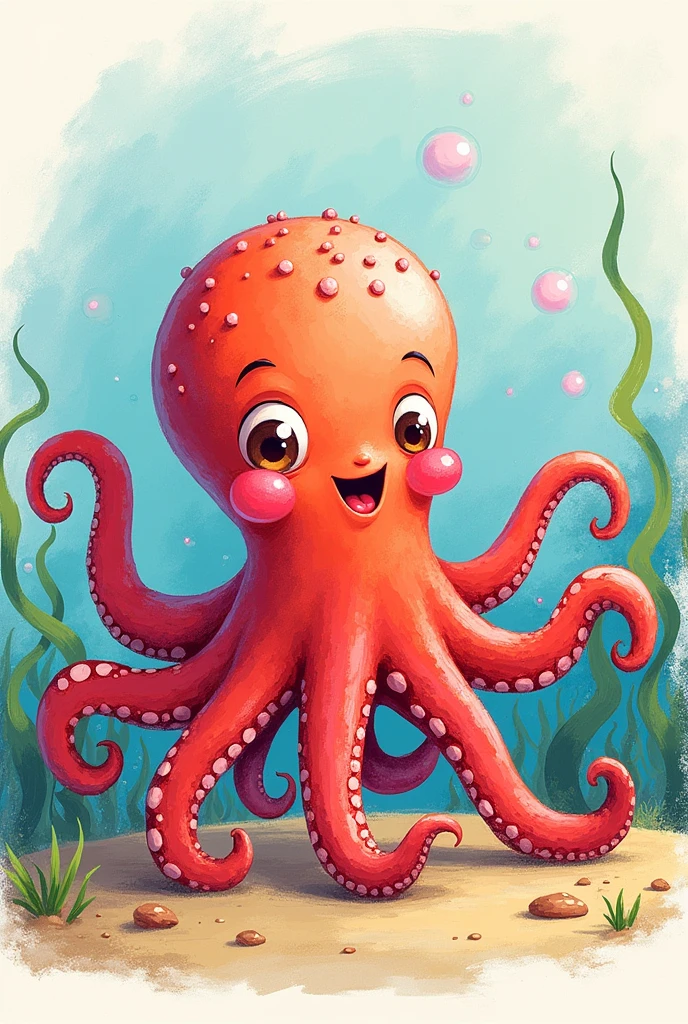 Cute octopus in crayon illustration style