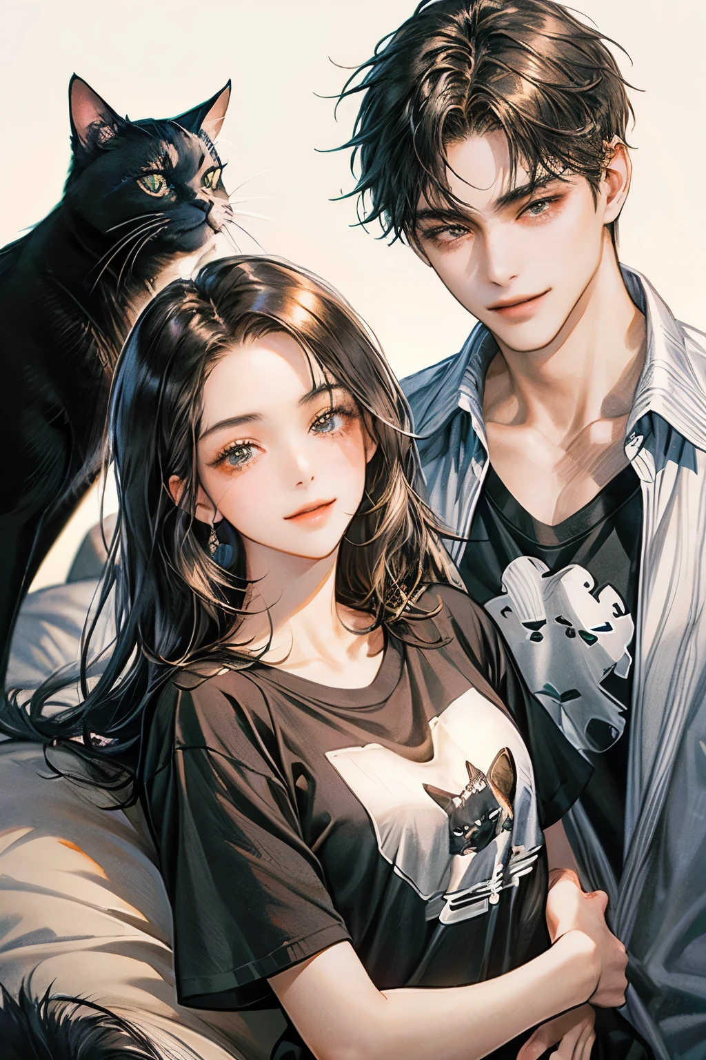 black hair, high resolution, Masterpiece, details, detailsสูง, โมเดลhigh resolution, simple background, college student couple,Play with cats, Black Cat, black hair, long hair woman, Men with short hair, simple background, bedroom, smile, t-shirt, sexy woman, brown eyes