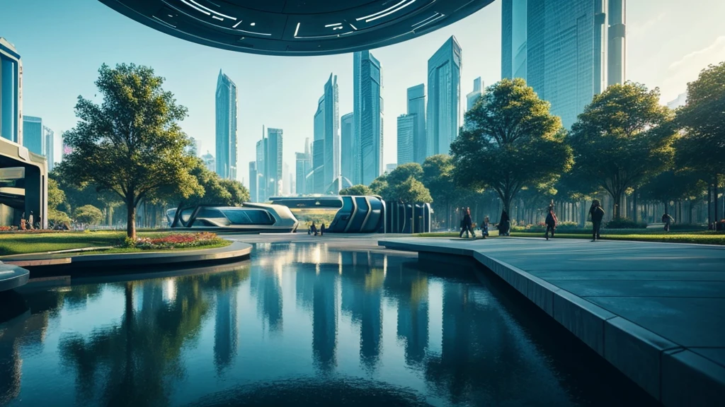 scifi, futuristic park, architectual, space design, cyberpunk, futuristic, hightech, hard-surface design, daylight, much tech, much electronic, very cozy, ambient light, realistic view, wide angle, year 2124
