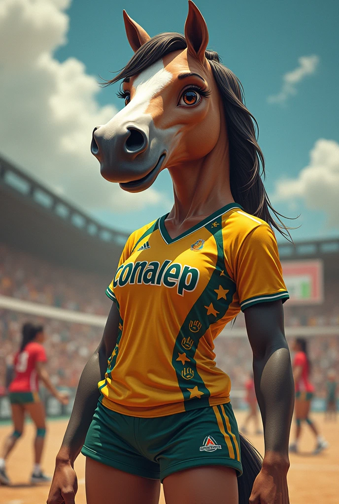 A volleyball player with a horse head and his uniform says conalep