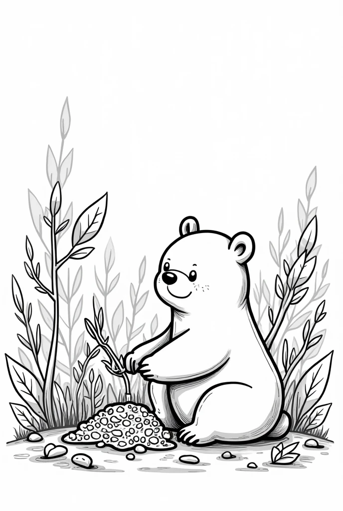 a coloring book of a bear sitting on the floor doing something by mixing some big leaves and branches using a vine on the huge forest, no color, white background, thick lines, strokes only, cartoon style