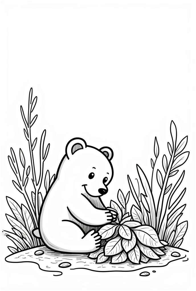 a coloring book of a bear sitting on the floor doing something by mixing some big leaves and branches using a vine on the huge forest, no color, white background, thick lines, strokes only, cartoon style