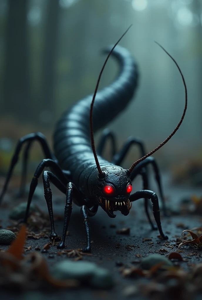 Centipede, small, black, long body, sharp legs, long antennae, glowing red eyes, sharp fangs.