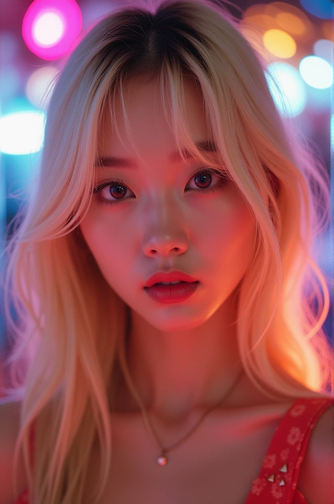 Korean kpop idol, oval face, large almond-shaped eyes, upturned nose, very white skin, long straight blonde hair, party concept photo,