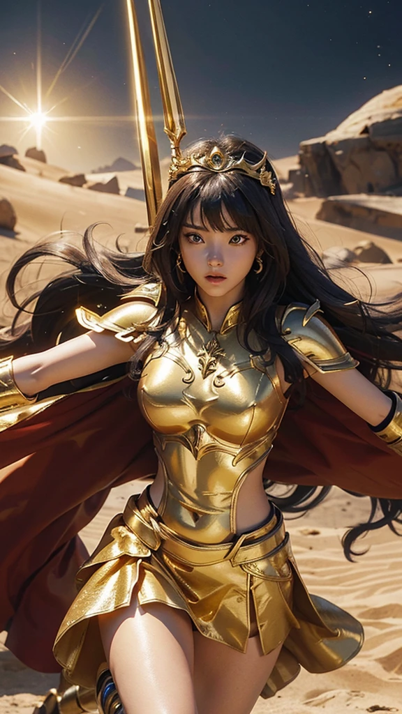 1girl, solo, saint seiya_custome, superhero, gold armor, gold dress, beautiful princess, belly, are on the battlefield, gold sword, gold skirt, running, background in the desert of war