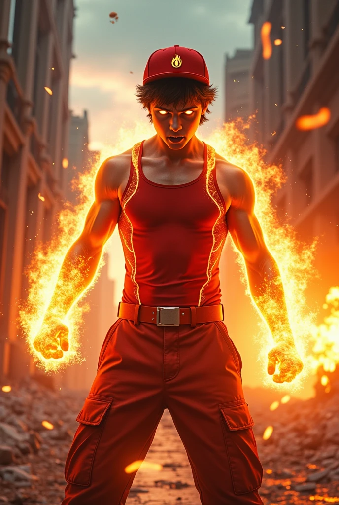 a man real teenage age . 19 Malaysia Indonesia.(orange eyes) Glowing eyes. Anger face. Open mouth. . wearing an (ruby red ) singlet, (ruby red) cap with small logo (flame) logo. anger face . Dramatic. ruby red singlet ,(ruby red)cargo pant,, detailed face, cinematic lighting, dramatic atmosphere,.hot day. vibrant colors, 8k, high quality, photorealistic. Hero suit. fire flame from his hand. Glowing fireblast ember element from hand, ember everywhere . Glowing hand fire , flame patern logo design on pant . Very strong. Future design dress. Very epic. Very hot background.. dark sky. Very strong . fire very strong . Flying burn dry leave everywhere.. fire ball sharp shape power from hand .rasengan . At city. Damage building. Floating small rock everywhere. kamehaha