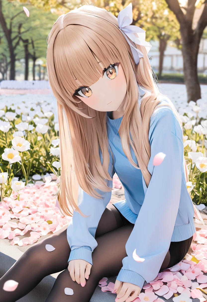 Best quality, cosplay photo, animegao, 1girl, solo, long hair, looking at viewer, bangs, shirt, hair ornament, long sleeves, ribbon, brown eyes, sitting, closed mouth, hair ribbon, flower, pantyhose, outdoors, open clothes, day, off shoulder, sweater, open jacket, black pantyhose, petals, blue shirt, white flower, knee up