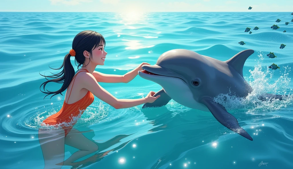 A young Japanese woman in a swimsuit is trying to catch a dolphin in the ocean