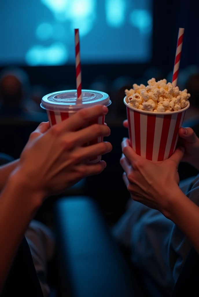 When two couples are sitting in the cinema, the girl should hold the drink and the boy should hold the popcorn while they watch, filming so that only the items in their hands are visible