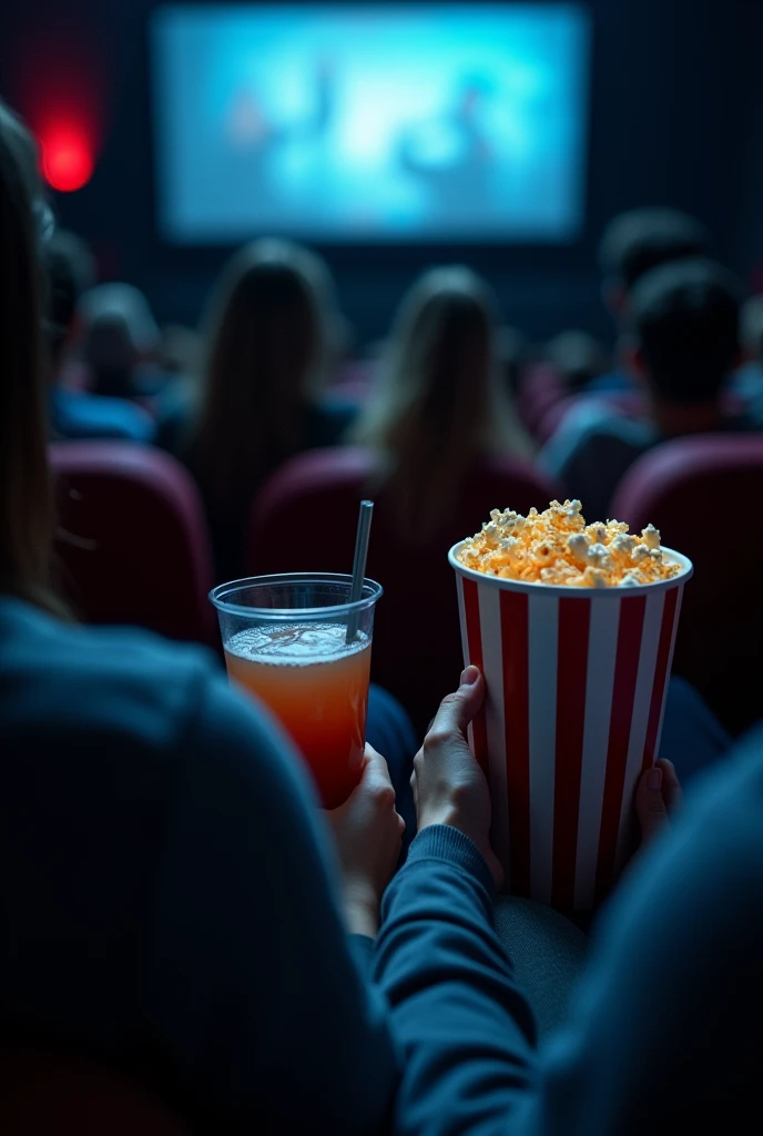 When two couples are sitting in the cinema, the girl should hold the drink and the boy should hold the popcorn while they watch, filming so that only the items in their hands are visible