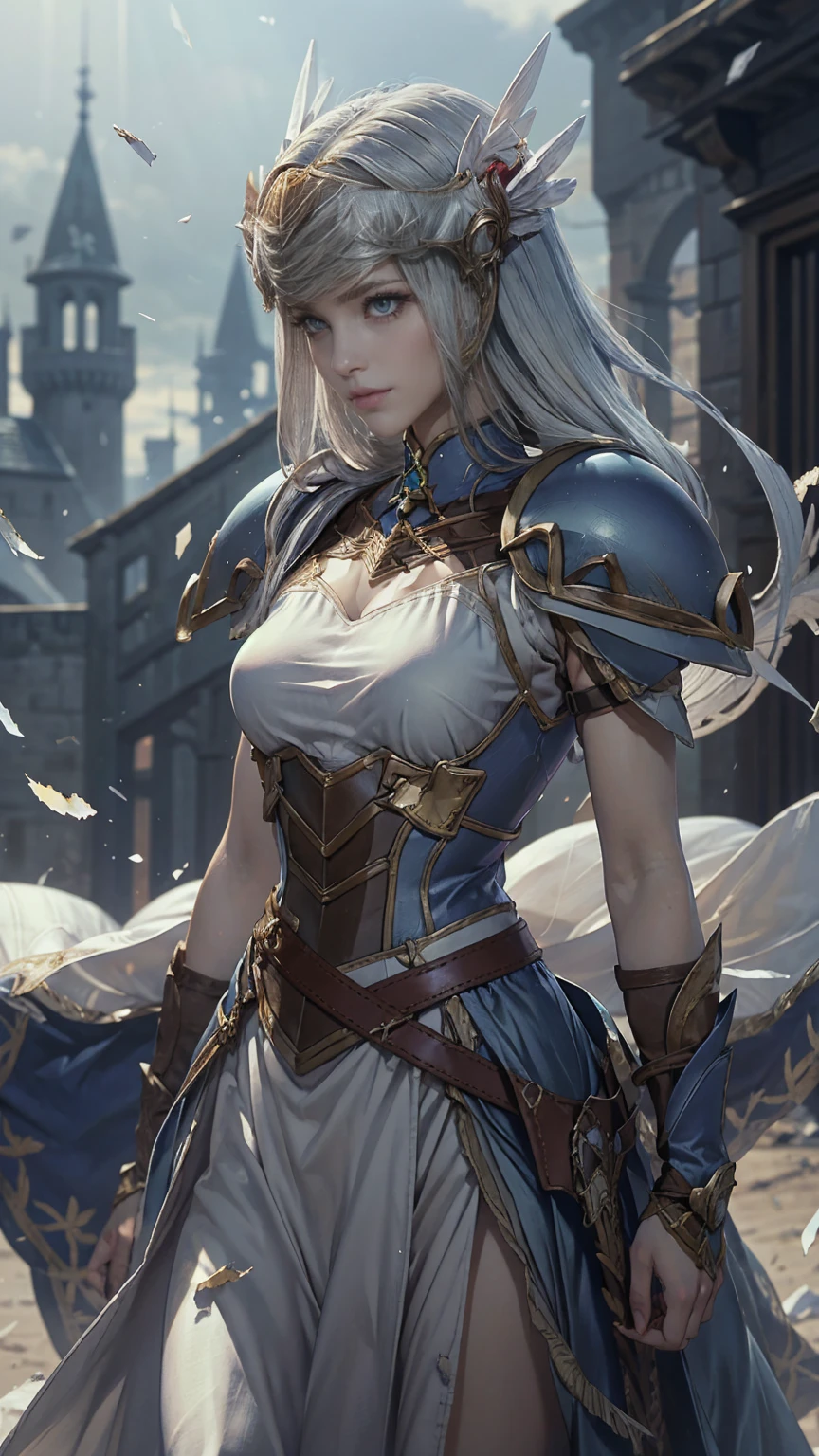 Lenneth from 'Valkyrie profile',  blue breastplate armor (broken/damaged),long skirt,belt,white head ornament,
standing,upper body,arms behind back,
light smile,
plains,castle,
(insanely detailed,  masterpiece, best quality),solo,