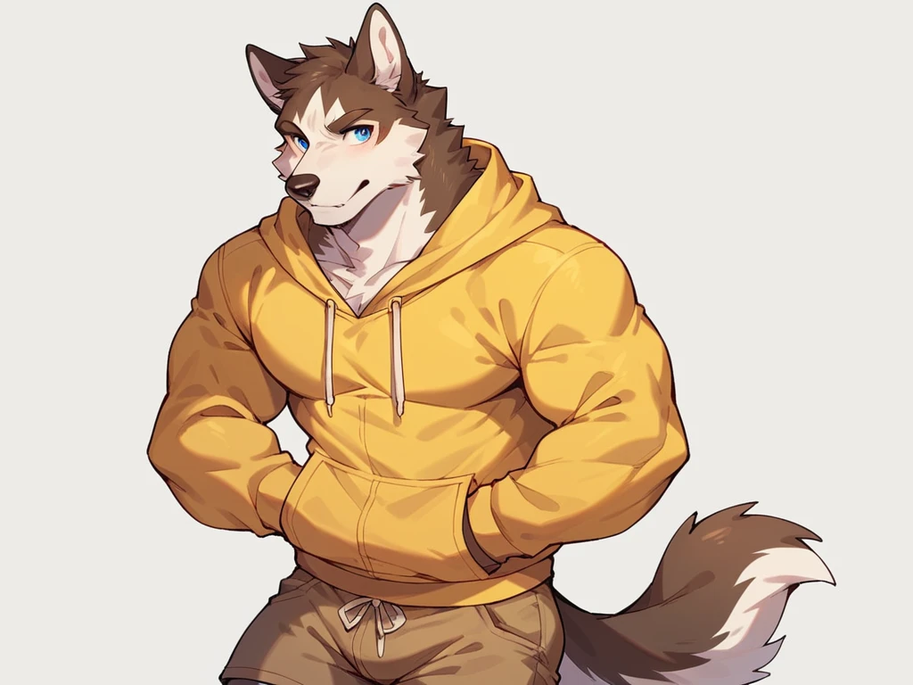 score_9, score_8_up, score_7_up, high quality, hires, anthro, male, husky, brown fur, brown ears, mostly white fur, blue eyes, yellow hoodie, brown shorts, white background,