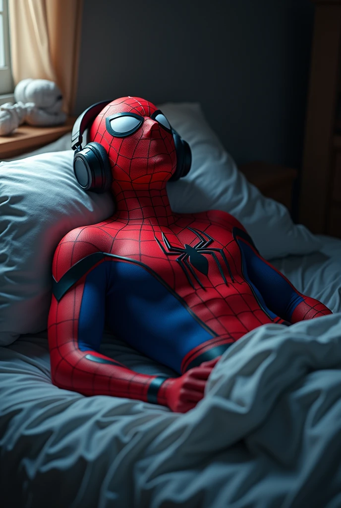 Create Spider-Man lying in bed with headphones