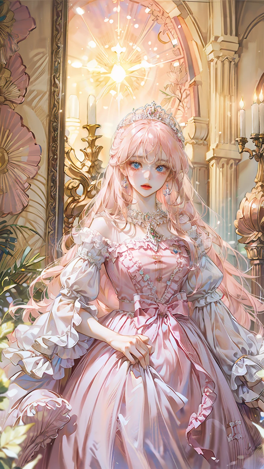 ((best quality)), ((ultra high definition)), ((masterpiece)), ((Romance Fantasy)), ((illustration)), (detailed), (clear), (Perfect), 1 woman, mature, beautiful, pure, calm, long pink hair with bangs, straight hair, white skin, Sapphire blue eyes, abundant eyelashes, pretty lips, big bust, small waist, A gorgeous and rich pink dress, diamond studded necklace, A diamond tiara on her head, chandelier, Inside the gorgeous room