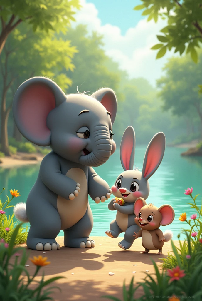 .

3. **Ellie, Rina, and Ricky**: Draw the three friends—Ellie the Elephant, Rina the Rabbit, and Ricky the Rat—playing together by the river. Each character should have distinct features that highlight their species..
