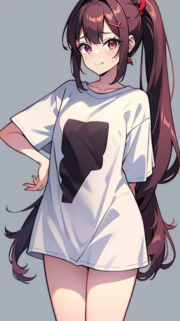 High tail hairstyle, two Ponytail hairstyle, Ponytail hairstyle, Long wavy black hair, standing posando, anime girl style, pixel art anime style,penetrating look with deep eyes,red and purple eyes, hair with a ponytail hairstyle trapped with a big red bun, women, red hair clips, x color shaped hair clips , smiling face blush, next to his bed, Black hair, thighs grandes, NSFW, from below, neckline, looking at the viewer, lascivious smile, ((oversized t-shirt)), off the shoulders, without pants, washing machines, thighs, ((White T-shirt)), standing, hands on the hips,