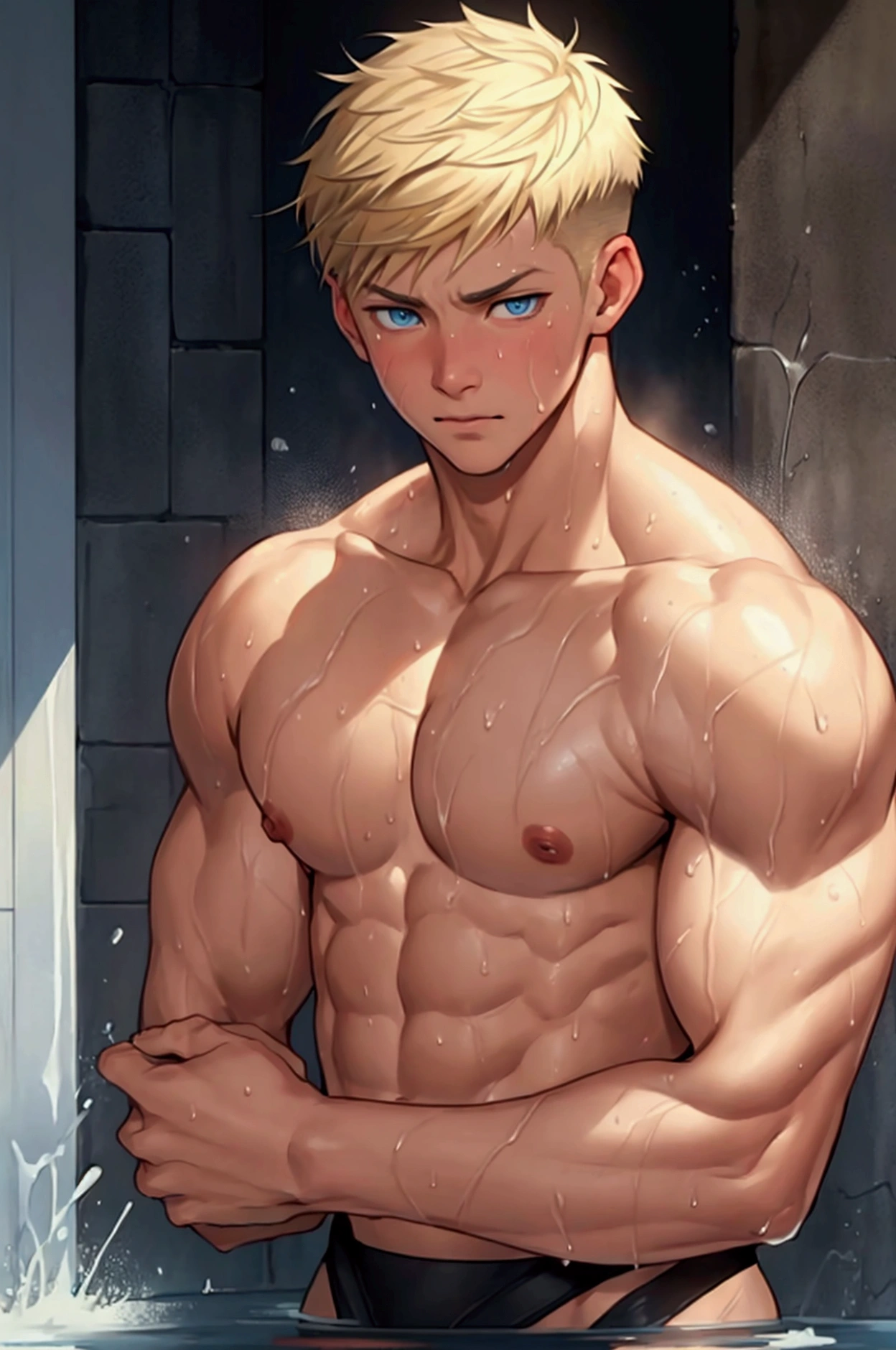 A young, muscular man in his 20s、Blue Eyes、Blonde、Short Hair、Sports haircut、Perfect body、Embarrassed face、Fighter、Dripping Sweat、Your body is wet、Half naked
