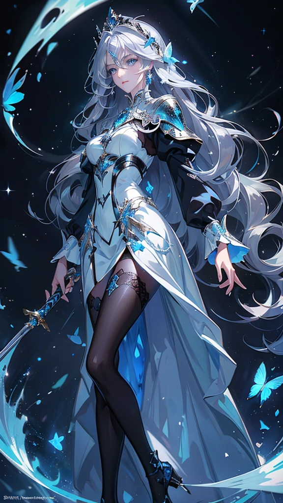 ((masterpiece, Highest quality)), Detailed face，Holy Knight，Character portrait，whole body，Perfect Body Proportions，Long legs，((Long Wavy Hair)), ，Beautiful Eyes，Fantasy Style，Black background，Very beautiful，,Expose,,Silver Hair,Blue Eyes,((Sparkling Eyes)),,Blue Gemstone Brooch,White and blue armor,A blue butterfly dances in the night sky,Black Stockings,Gorgeous Long Sword,Ready your sword
