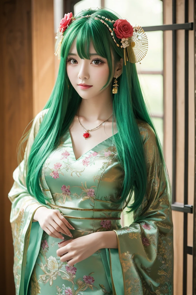 Green hair, beautiful woman, long hair, Chinese dress, flower on head, necklace