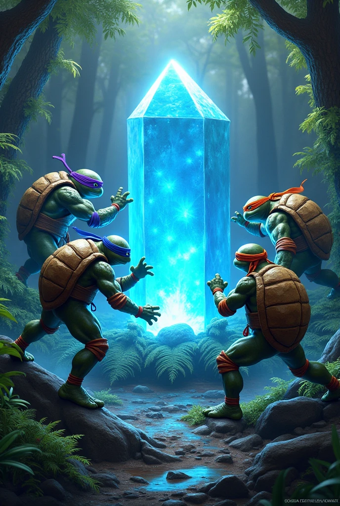 4 Purple Ninja Turtle,rot,orange and one blue,coming out of a forest with a big blue crystal
