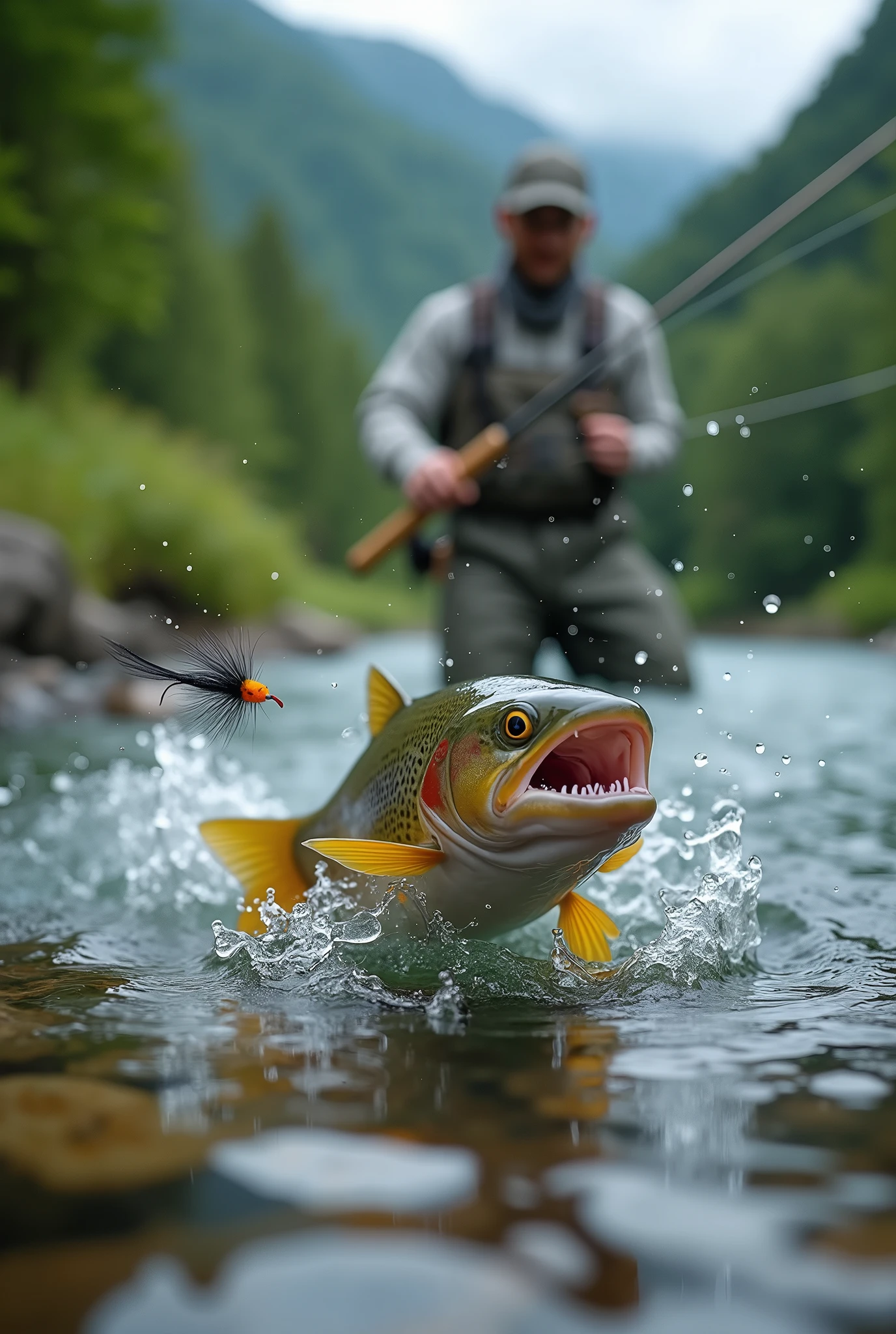 Professional photos, The fly landed on the water, Thrown from a fishing pole, Yamame trout biting from underwater, dynamic motion, Clear Japanese mountain streams, (Fly Fishing), A fisherman can be seen in the background looking towards us., Bend the fly rod in your hand, Staring intently at the fish, BREAK The moment the fish bites the fly, and…