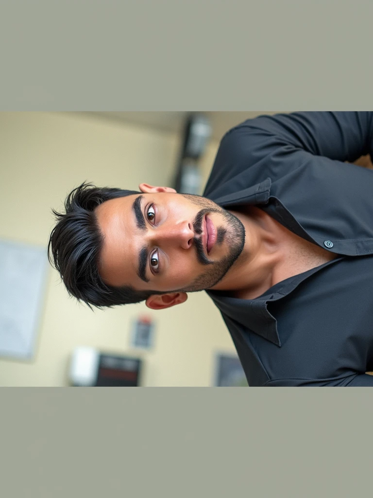(armface:1.3) , Handsome young man standing, (have a mustache:0.8) , (short hair:1.2), The forearms are muscular., (Button-down collared shirt:1.2), (black shirt:1.2),black pants, Big muscles, Handsome and muscular, full body angle, (Working in the office:1.1)