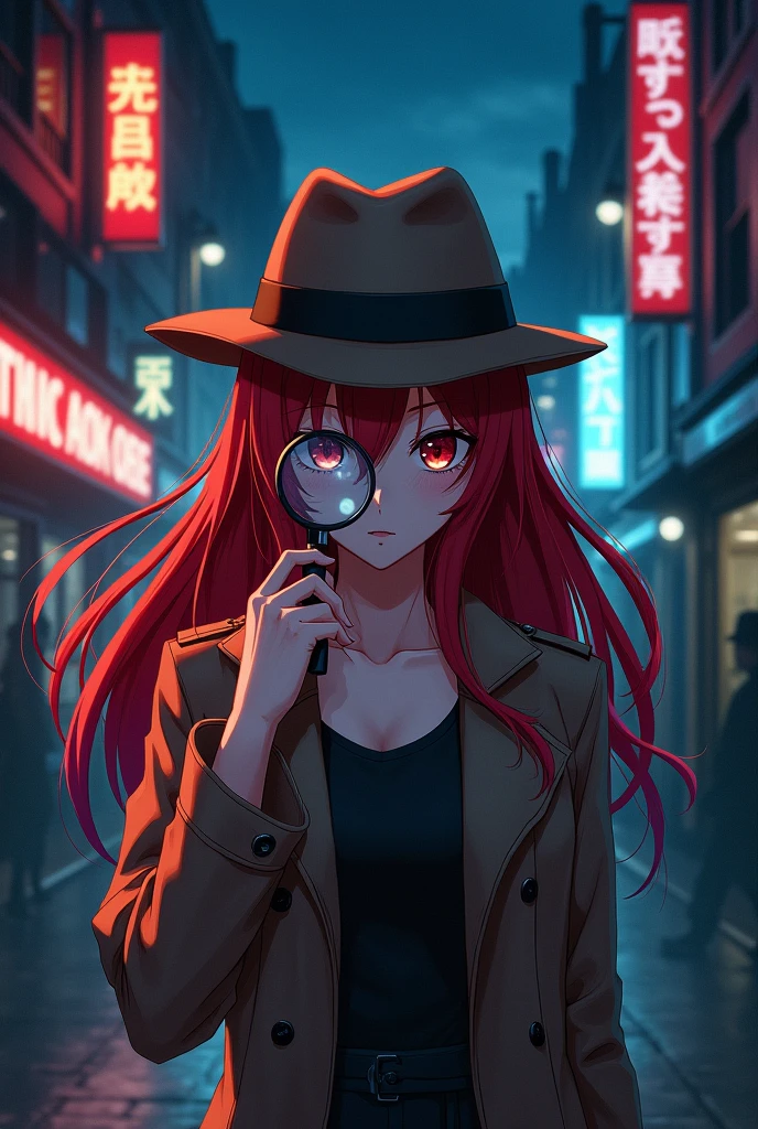 Anime character woman with long red hair and red eyes dressed as a detective with a magnifying glass in her hand investigating in a town at night