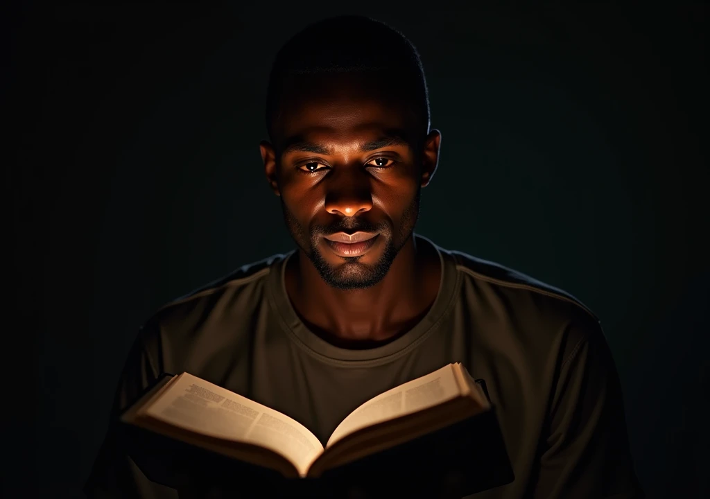 Create a picture that shows a black man with an open Bible pouring light on the text, symbolizing the search for truth. A Man is Reflecting on the Side of the Bible, Demonstrating Introspection about the Faith. best quality, master part, High, 1 dragon,blush, Tyndall effect,Photorealistic, dark studio, rim lighting, two-tone lighting,(highly detailed skin:1.2), 8k hd, DSLR, soft lighting, high quality, volumetric lighting, candid, photography, High resolution, 4K, Bokeh
