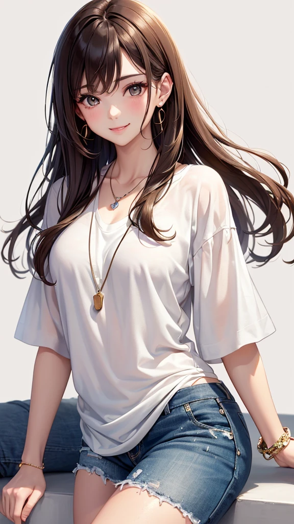 Best Quality,High resolution,8k,(plain white background, no patterns, no textures, just a plain white background:1.3),Masterpiece:1.2),beautiful girl,Shiny brown hair,messy hair,Brown eyes,oversized graphic tee with a cheerful design, paired with pre-ripped jeans, colorful cotton fabric with a subtle pattern, casual sneakers with a pop of color, Accessories include a playful pendant necklace and colorful stud earrings,Gentle look,A refreshing look,smile,Best quality,Best Quality,Aesthetic and aesthetic:1.2,Best details((Super detailed))(High-definition CG illustrations),Slender body,smile,blush,cute,Scrounge,Looking up,Being spoiled,super model