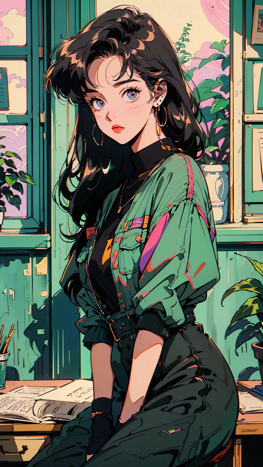 (masutepiece:1.5, Best Quality:1.5), ((Vaporwave Style, partially coloring)),In a cozy apartment, Girl studying diligently at desk alone,dim room,Stylish warm lighting, Coffee on the desk,I can see the moon from the window,Room decorated with plants