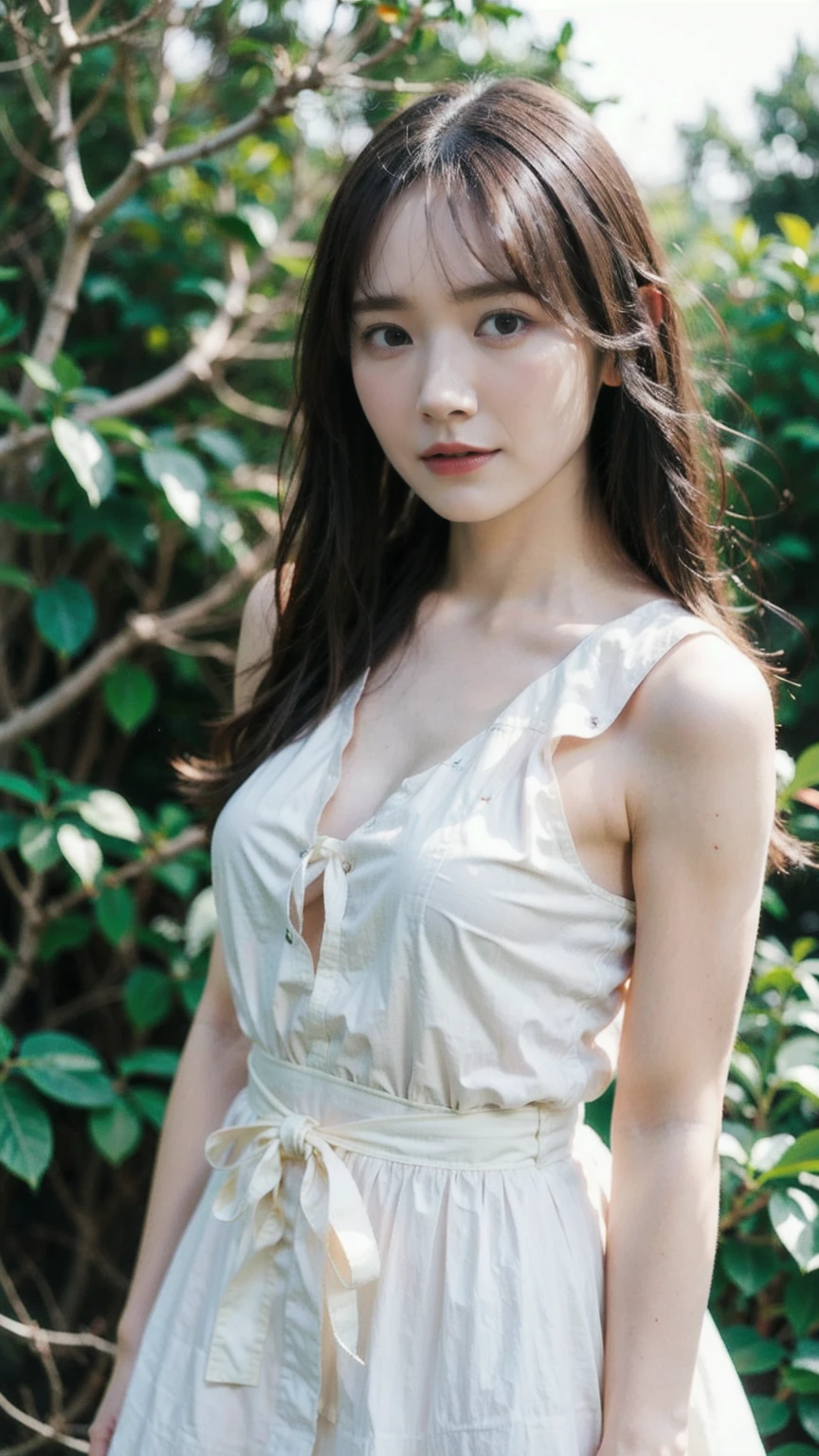 (Raw photo, Best Quality), (Realistic, Photorealsitic:1.3), masutepiece, Extremely delicate and beautiful, Soft light, (Brown hair, Shoulder-length straight hair swaying in the wind), Beautiful detailed girl, (Detailed fingers), extremely detailed eye and face, beautiful detailed nose, Beautiful detailed eyes, 1 girl, Japanese, Neat and clean beauty, Cute, young, white dress, Pants, (Half body:1.3), (medium breasts), Realistic face, Realistic body,