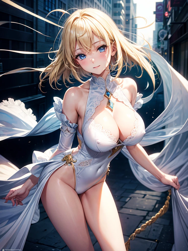 Anime style, super fine illustration, super clear illustration, highly detailed, beautiful detailed, super pale tone image, super delicate illustration, super calm & static image, static representation, gentle expression,  happy expression, 8k, pretty 1girl with blonde straight short hair & blue eyes & a bright smile & huge breasts & nipples & soft fair skin is wearing the street dancer costume, on the stage, solo, perfect fingers, perfect arms, perfect legs, masterpiece.