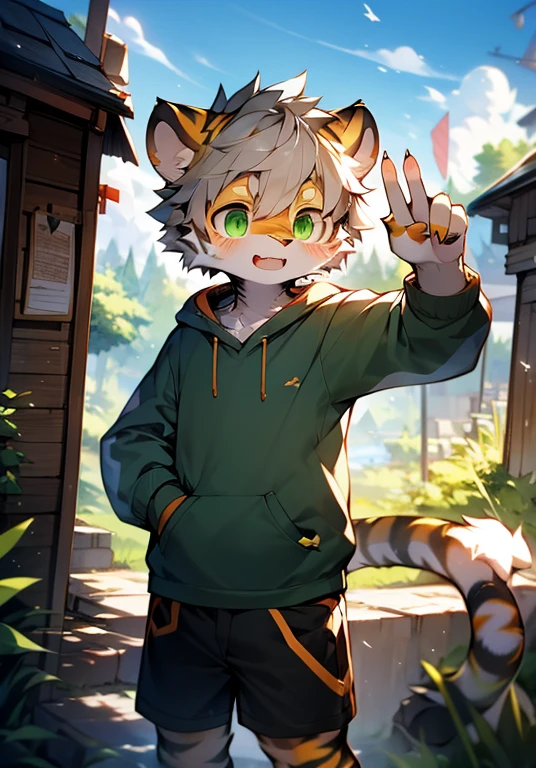 （Cat，Gray hair and green eyes，Yellow and wHellote coat color，cute，vitality，Boys have strong sexual desire，,Wear a sweatsHellort with a pink pattern，活泼cute，shorts, wind element，hairy），Digital artwork with cinematic lighting effects.a boy，Monomorphism,hairy的,Wild,(digital media \(artwork\):1.2),(Hello，It's notHellong,Absurd answer:1.2),Perfect anatomical structure,Anatomically correct,detailed,detailed face,detailed eyes,(Realistic fur,detailed fur:1.25),detailed background,Amazing background. rest (author：little finger \(artist\):1.2),(author：Unreal Land,author：Kuroi Junmi,author：Milk Tiger 1145,author：Moki,author：Enamel 1,Through the oocyst:1.2),(author：Xia Huaiting:0.8),(Pino Deheny:0.8),(author：Sios SHelloru:0.8),(By Chuni:0.8).